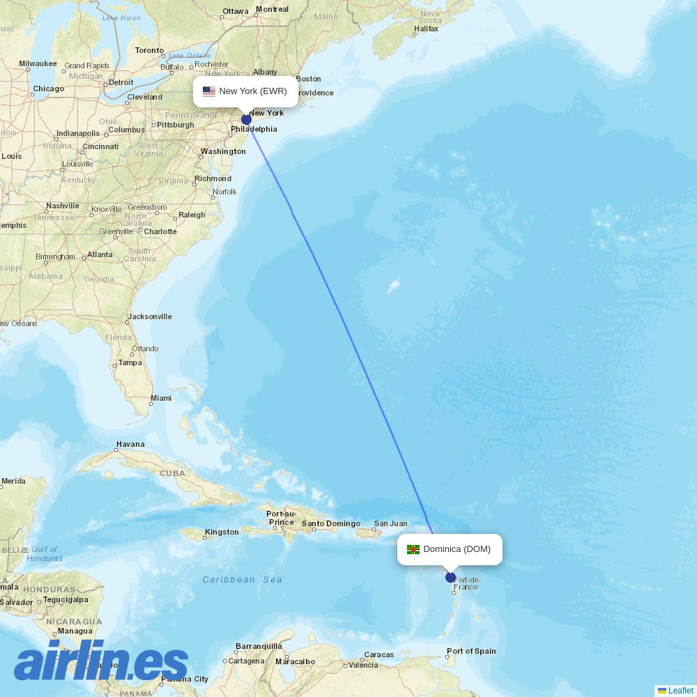 United Airlines from Dominica destination map