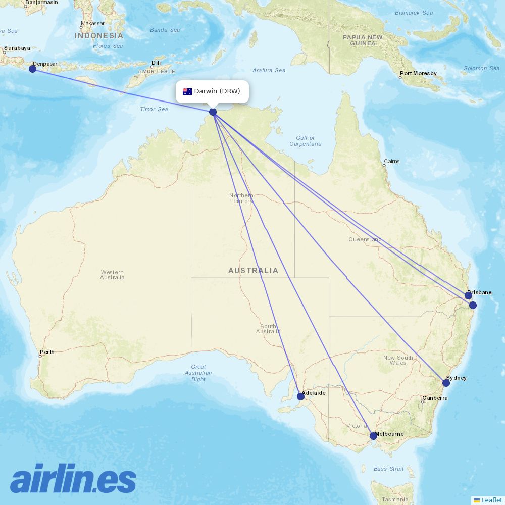 Jetstar from Darwin Intl destination map