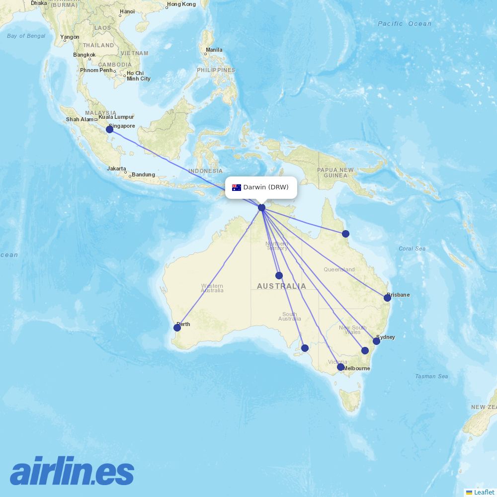 Qantas from Darwin Intl destination map