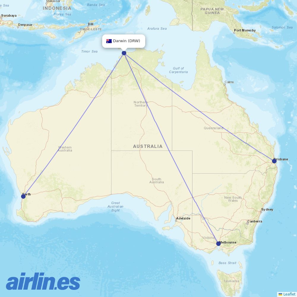 Virgin Australia from Darwin Intl destination map
