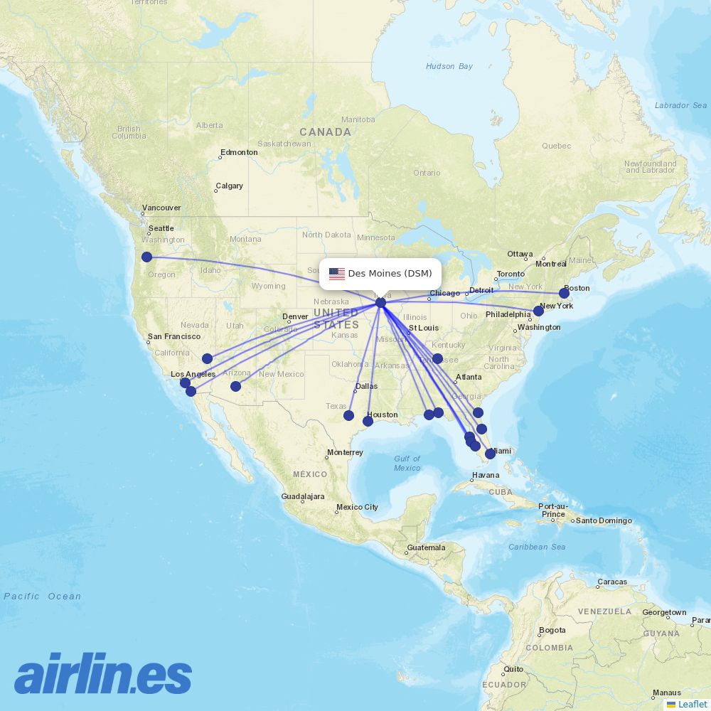 Allegiant Air from Des Moines International destination map