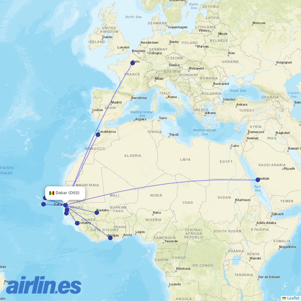 Air Senegal from Blaise Diagne Interantional Airport destination map