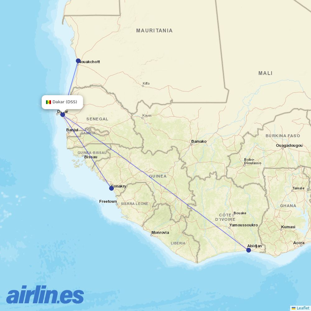 Mauritania Airlines from Blaise Diagne Interantional Airport destination map