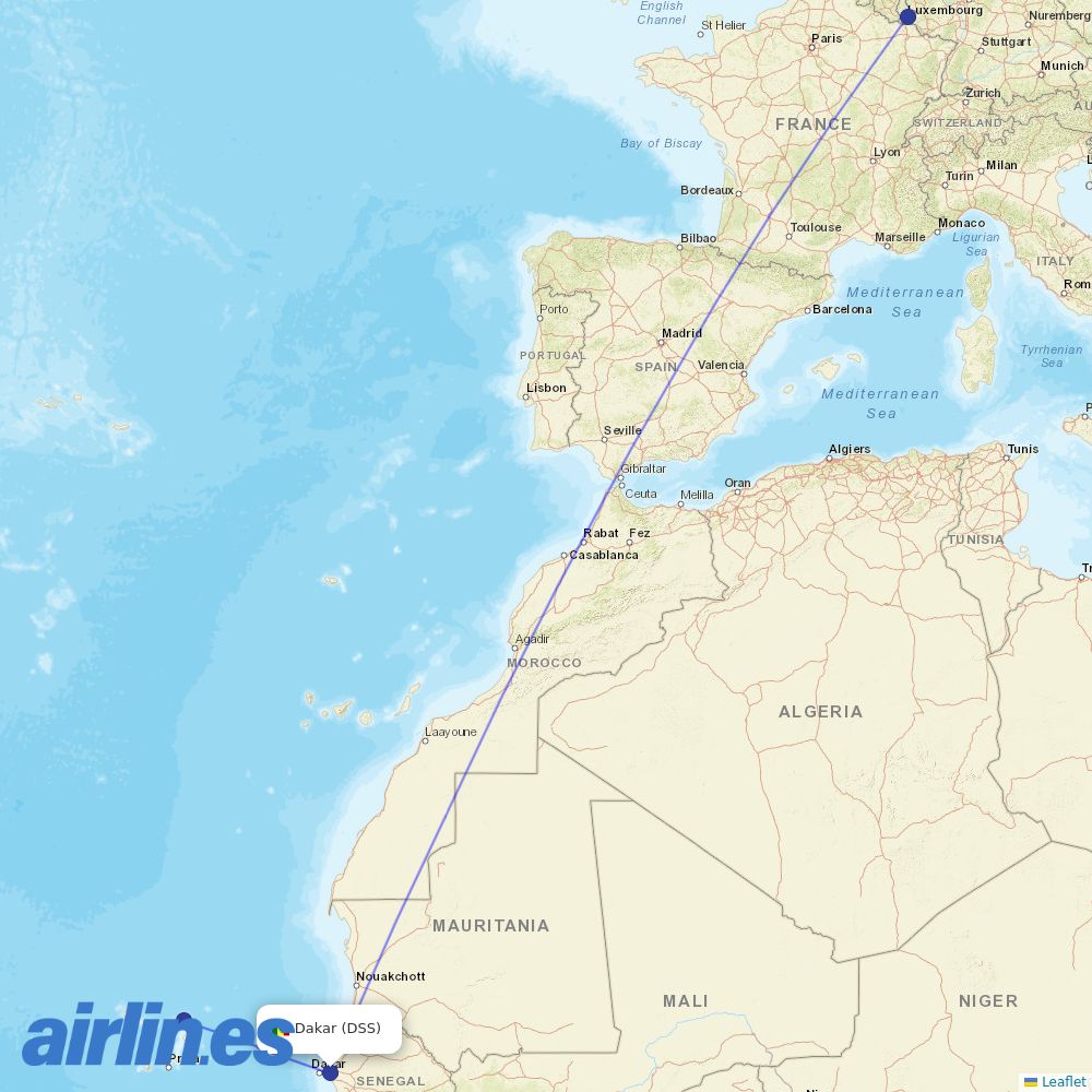 Luxair from Blaise Diagne Interantional Airport destination map