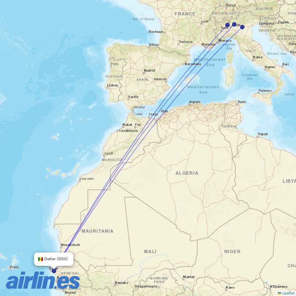 Neos from Blaise Diagne Interantional Airport destination map