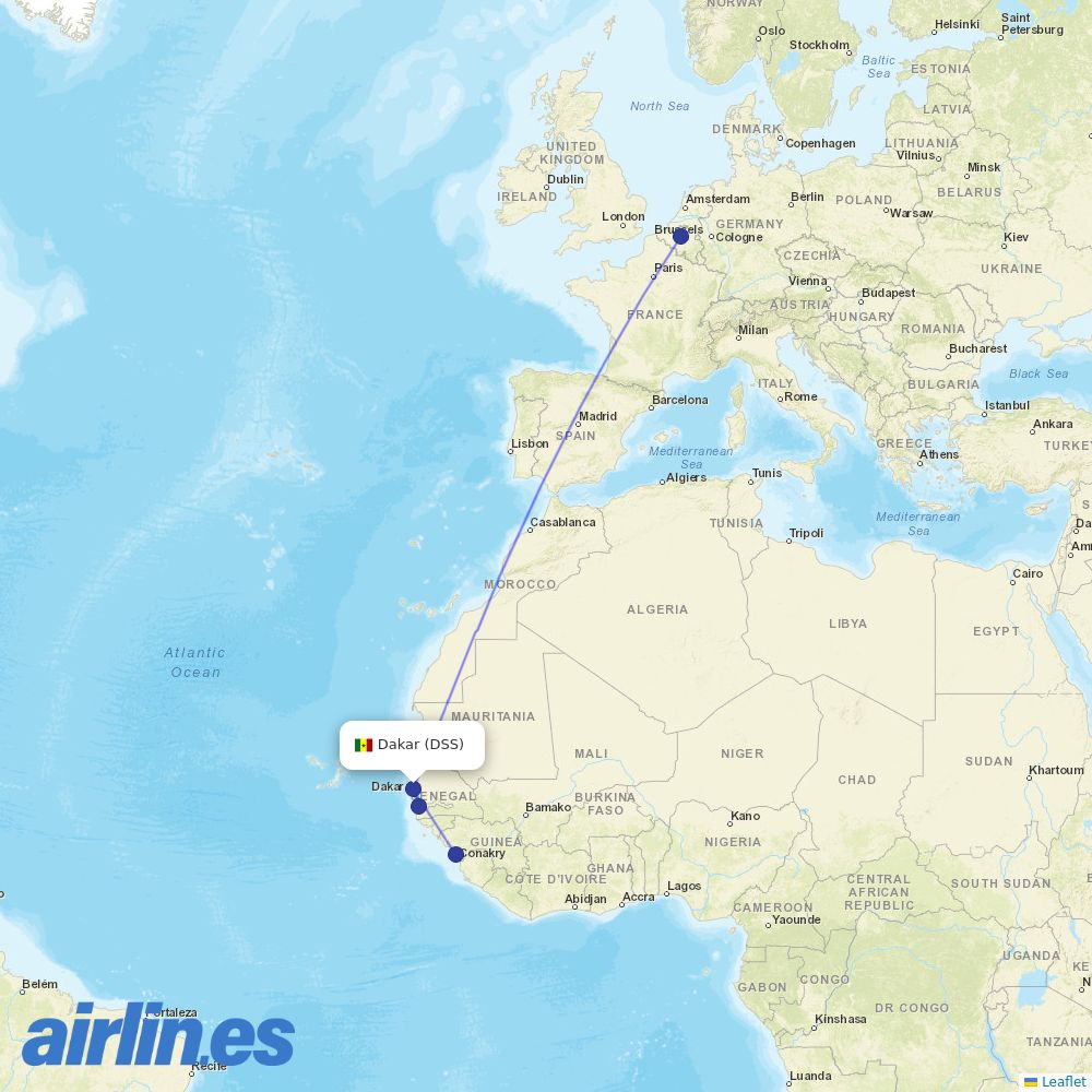 Brussels Airlines from Blaise Diagne Interantional Airport destination map