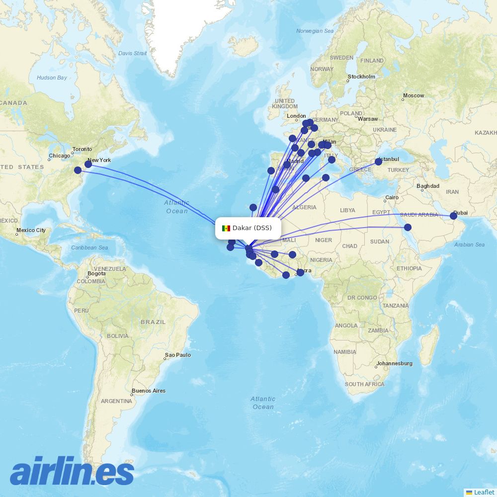 Transavia France from Blaise Diagne Interantional Airport destination map