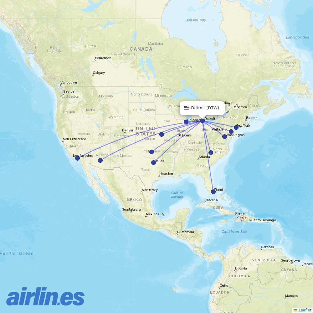 American Airlines from Detroit Metropolitan Airport destination map