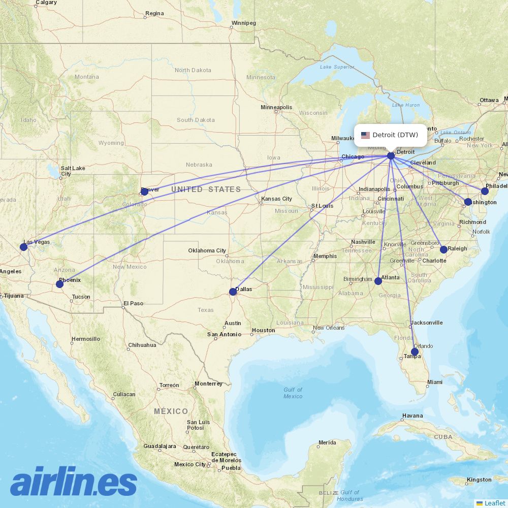 Frontier Airlines from Detroit Metropolitan Airport destination map