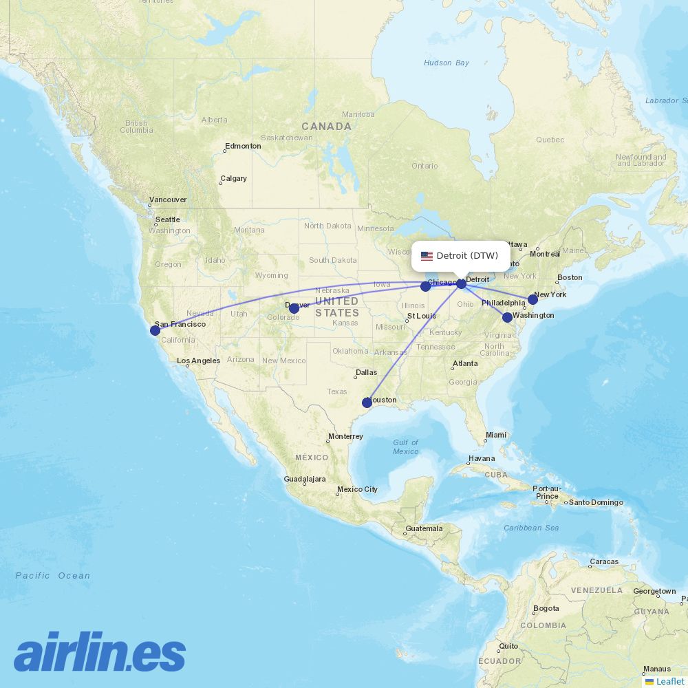 United Airlines from Detroit Metropolitan Airport destination map