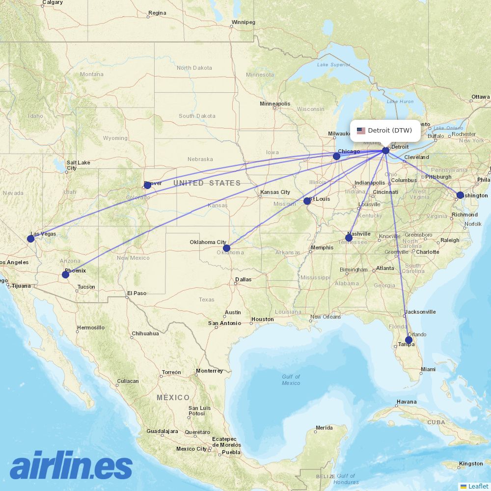 Southwest Airlines from Detroit Metropolitan Airport destination map