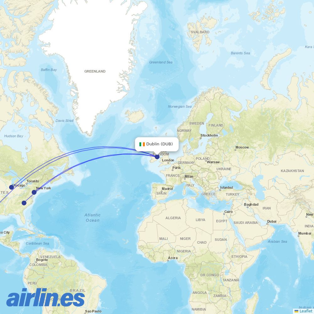 American Airlines from Dublin Airport destination map