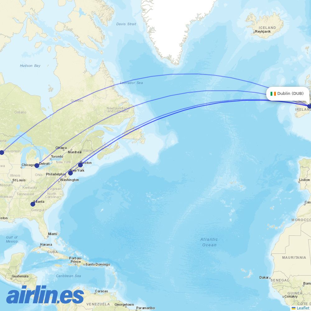 Delta Air Lines from Dublin Airport destination map