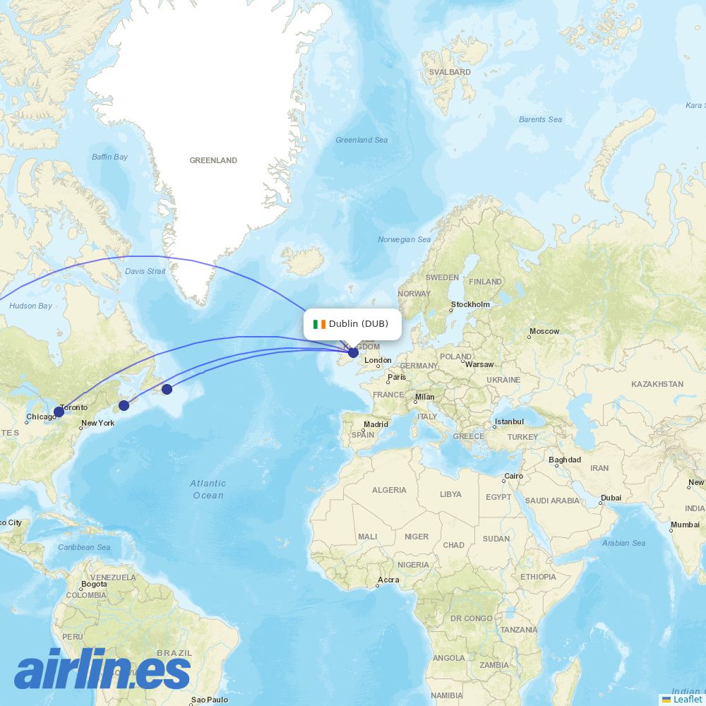 WestJet from Dublin Airport destination map