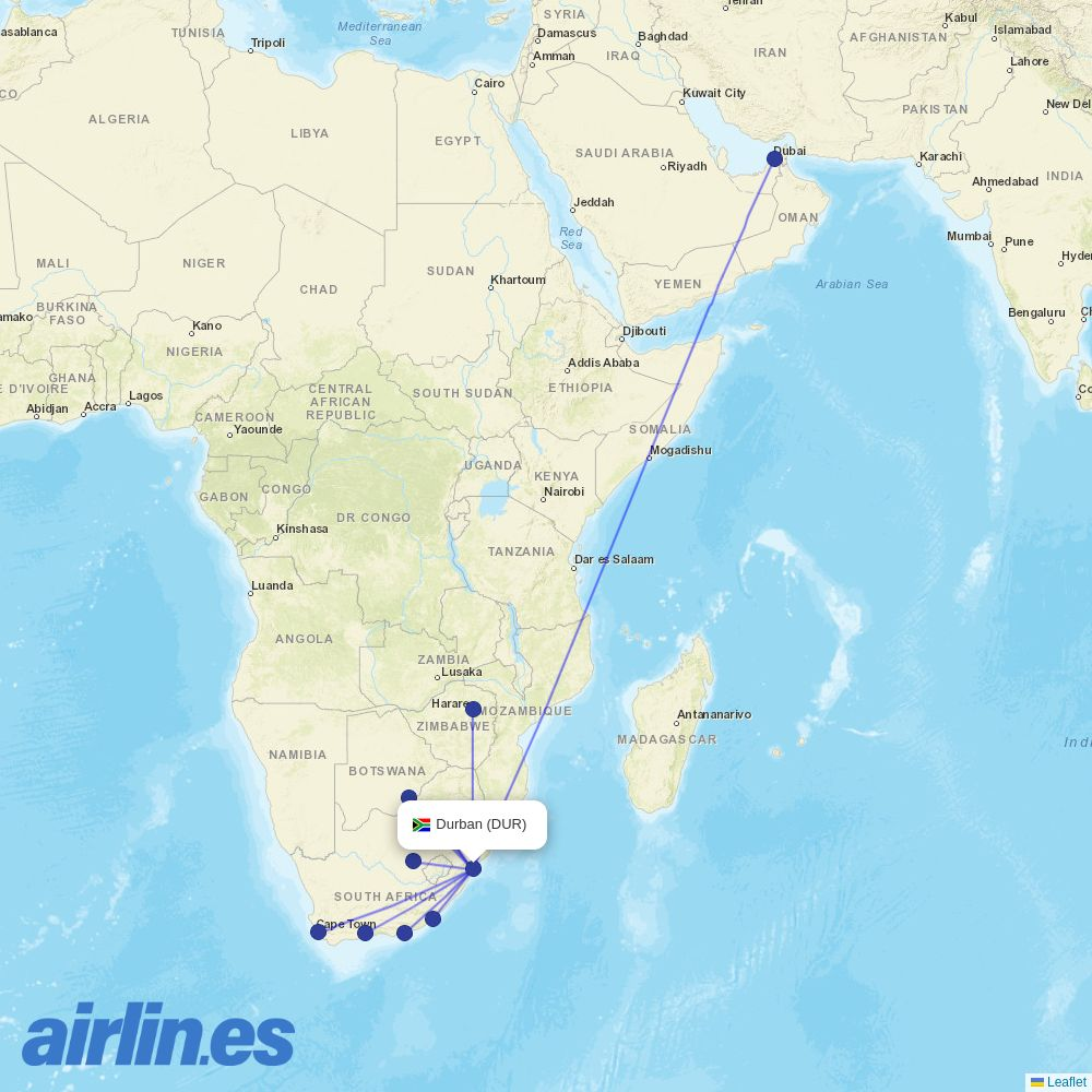 Safair at DUR route map