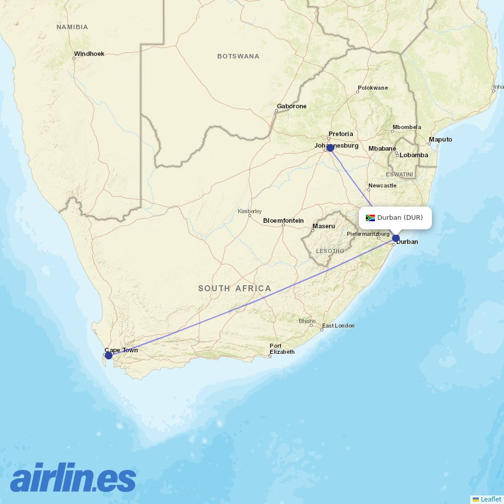 LIFT from Durban International destination map