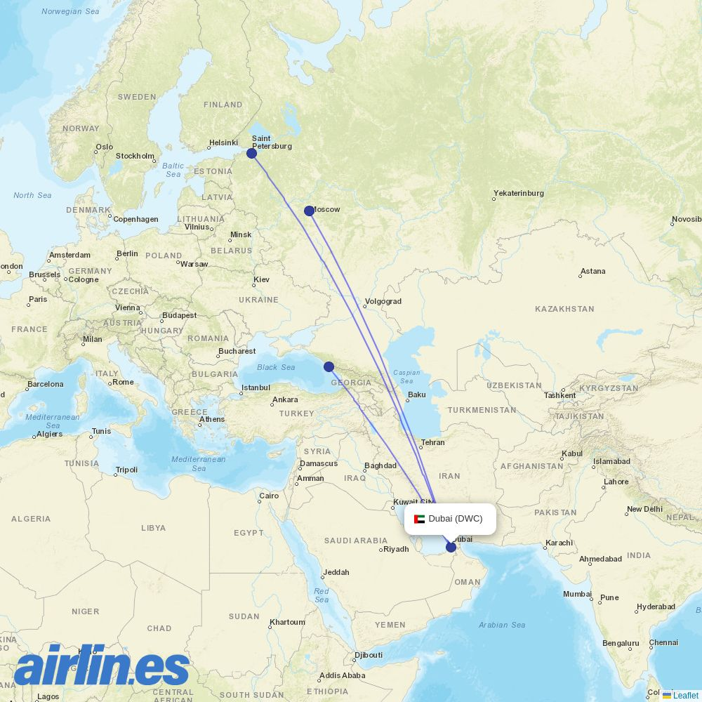 Aeroflot from Dubai Al Maktoum destination map