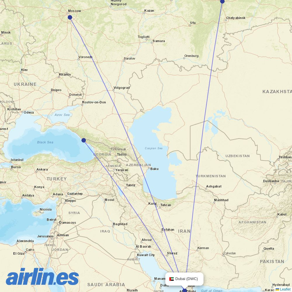 Ural Airlines from Dubai Al Maktoum destination map