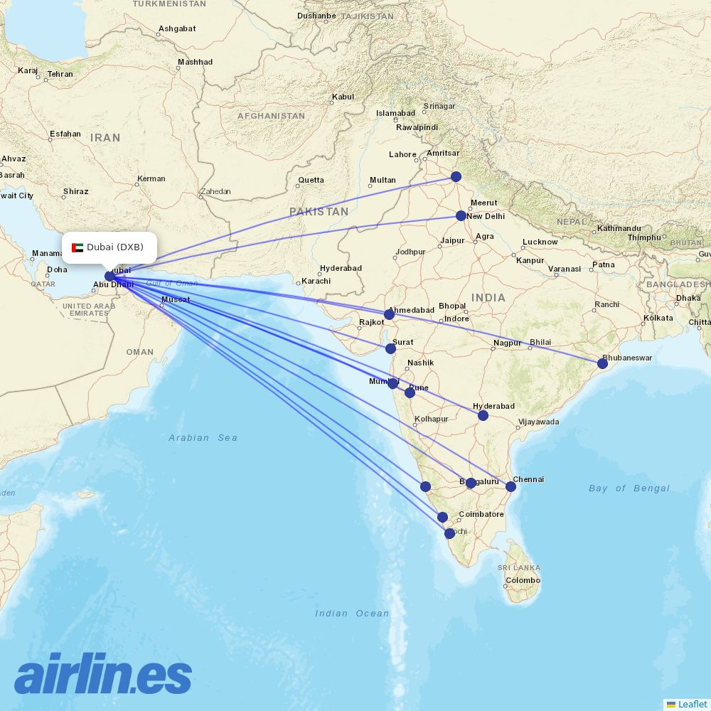 IndiGo from Dubai International Airport destination map