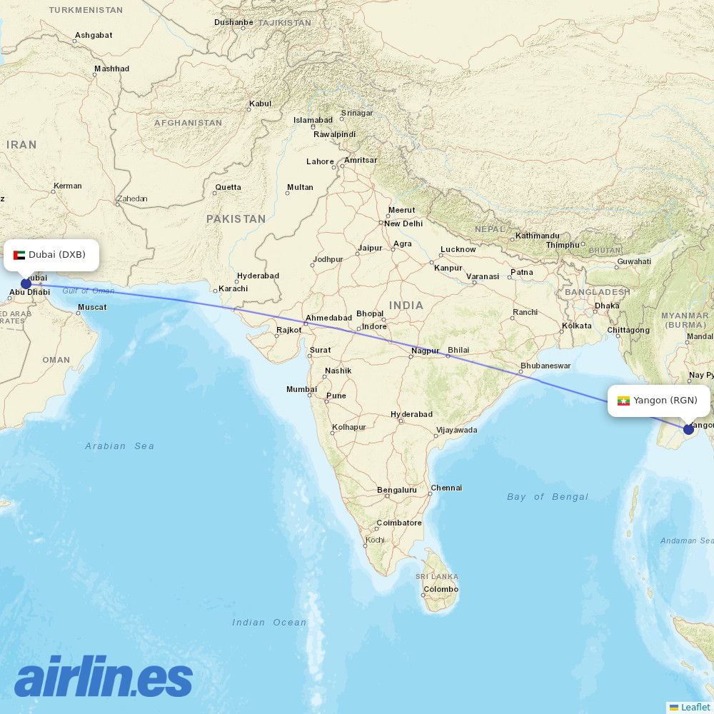 Myanmar Airways International from Dubai International Airport destination map