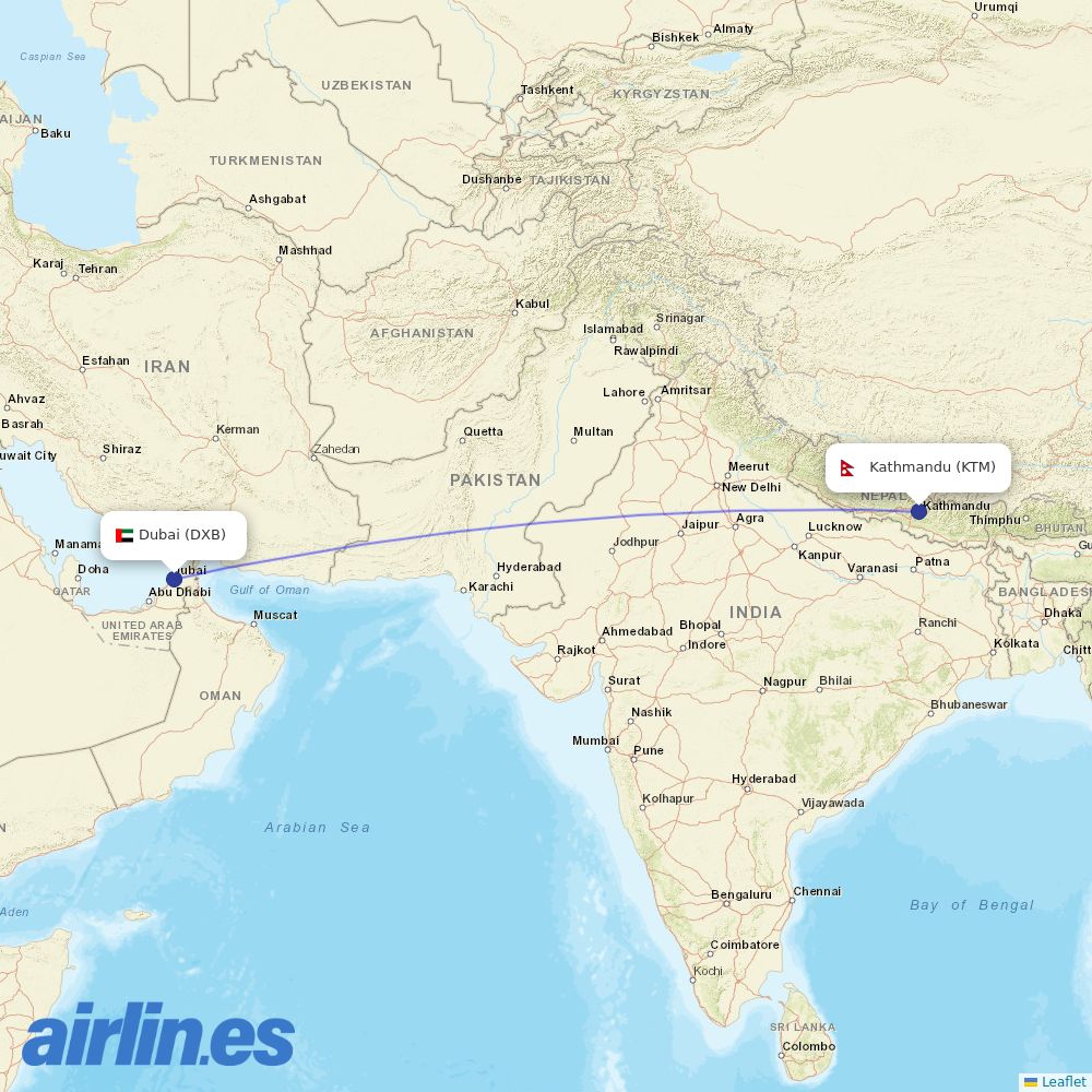 Himalaya Airlines from Dubai International Airport destination map