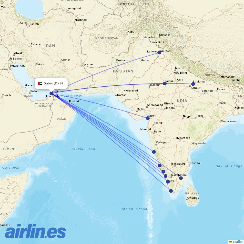 Air India Express from Dubai International Airport destination map
