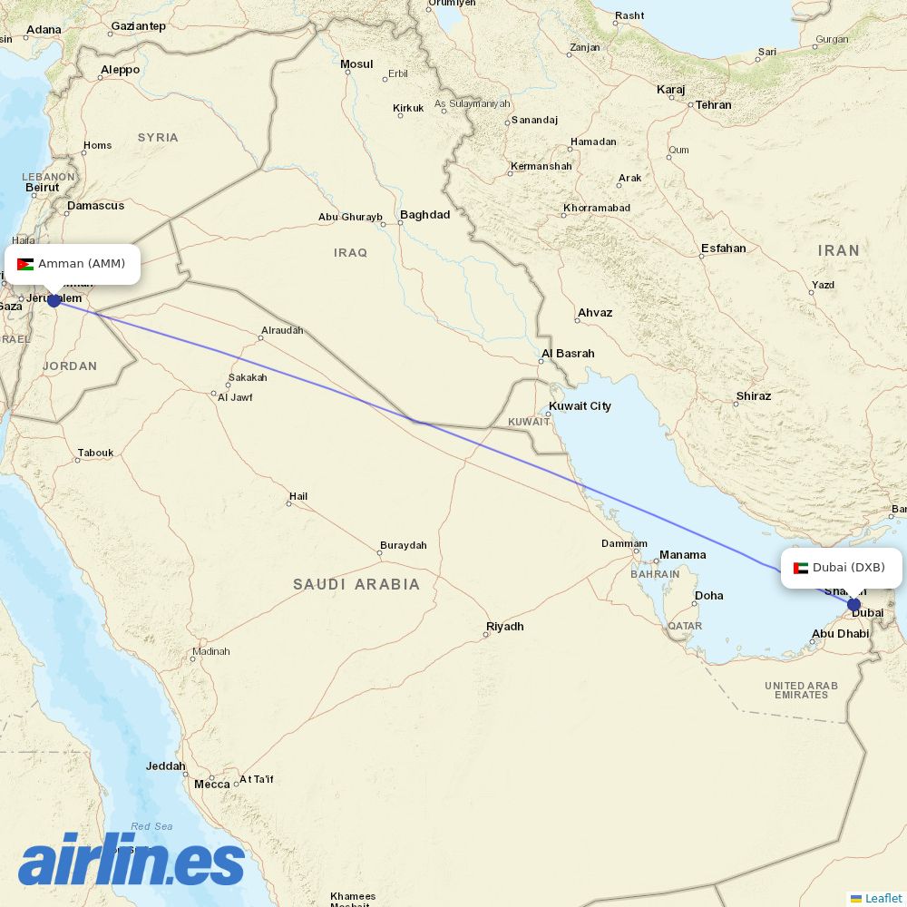 Royal Jordanian at DXB route map