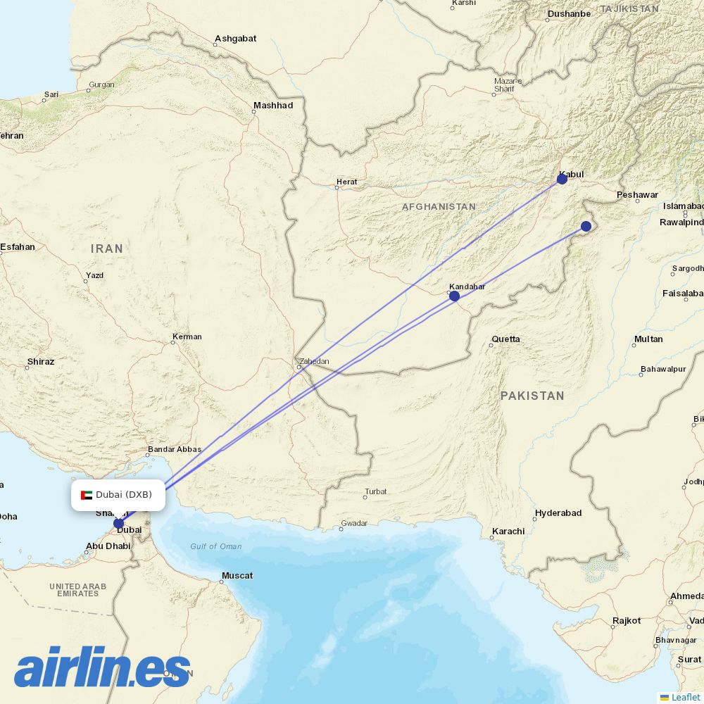 Kam Air at DXB route map
