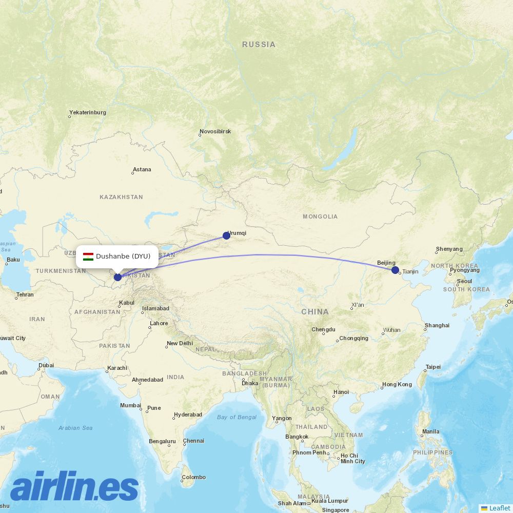 China Southern Airlines from Dushanbe destination map