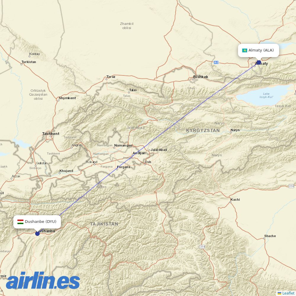 Air Astana from Dushanbe destination map