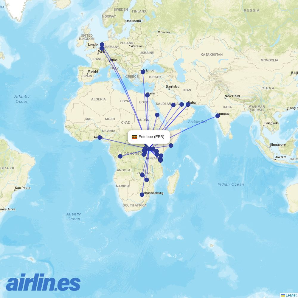 Uganda Airlines from Entebbe International destination map