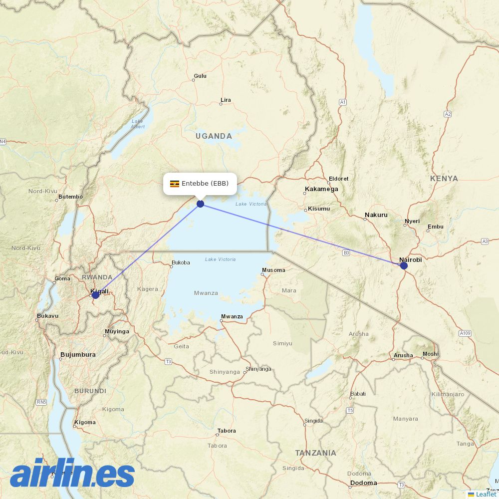 RwandAir from Entebbe International destination map