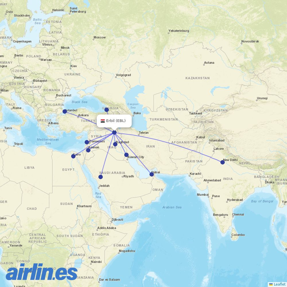 Iraqi Airways from Erbil Intl destination map
