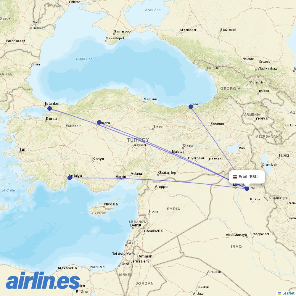Pegasus from Erbil Intl destination map