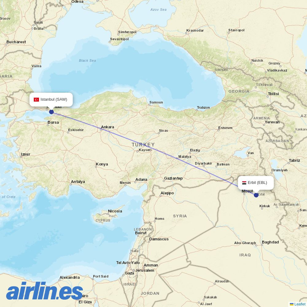 AJet from Erbil Intl destination map