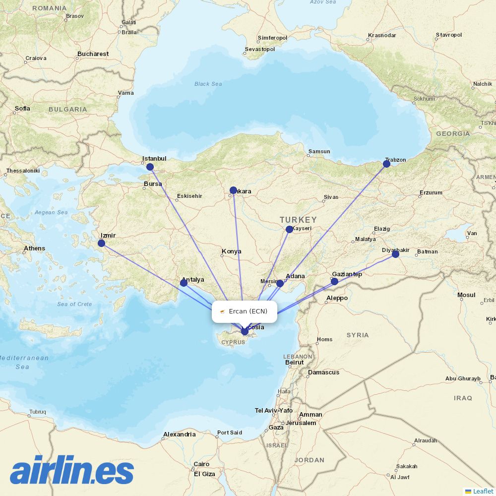 Pegasus from Ercan International Airport destination map