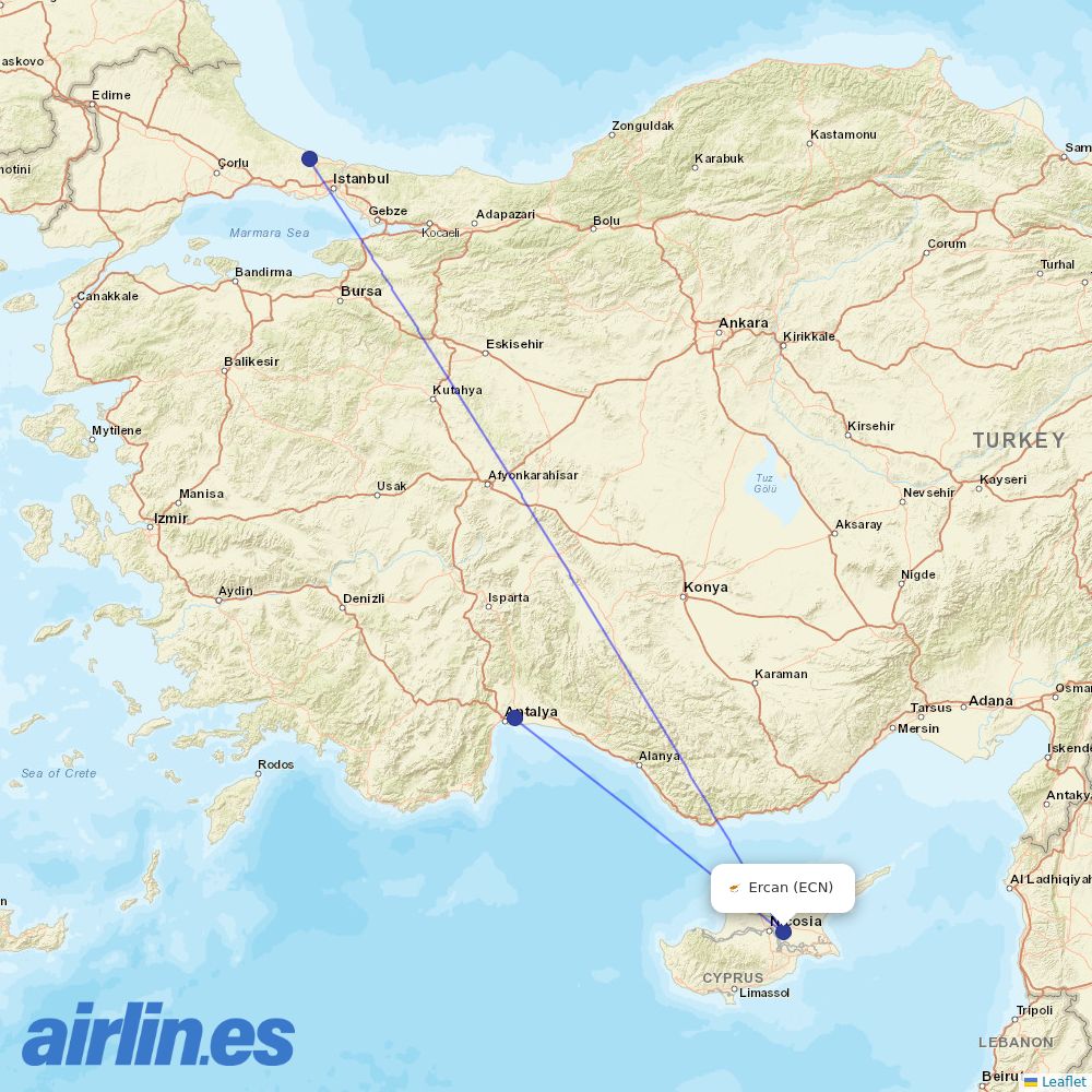 Turkish Airlines at ECN route map
