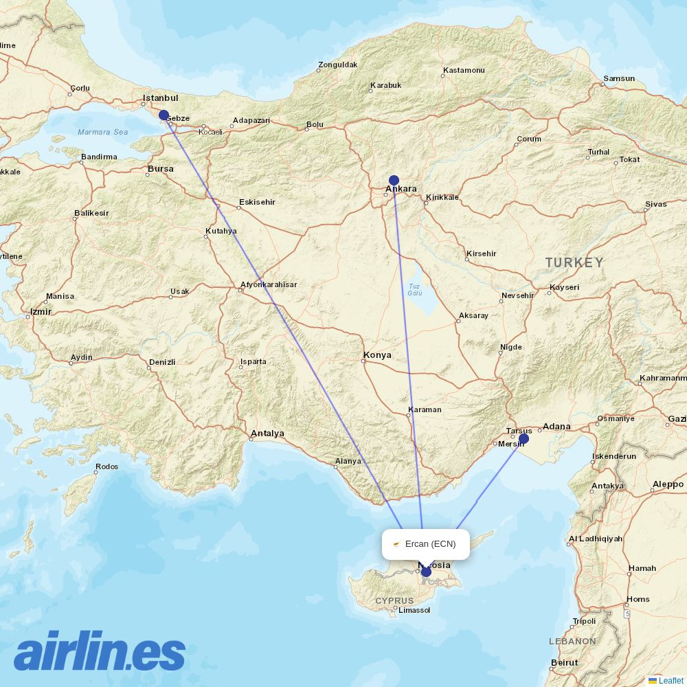 AJet from Ercan International Airport destination map