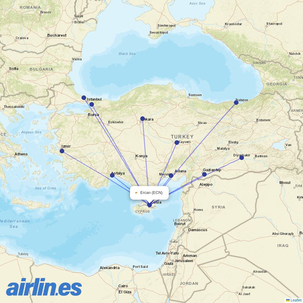 SunExpress from Ercan International Airport destination map