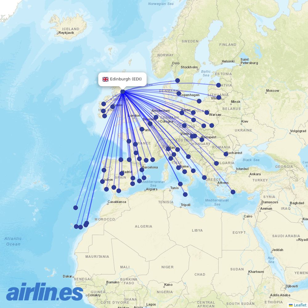 Ryanair from Edinburgh Airport destination map