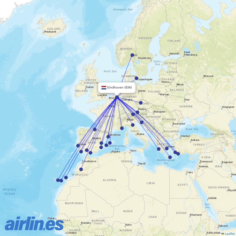 Transavia from Eindhoven Airport destination map
