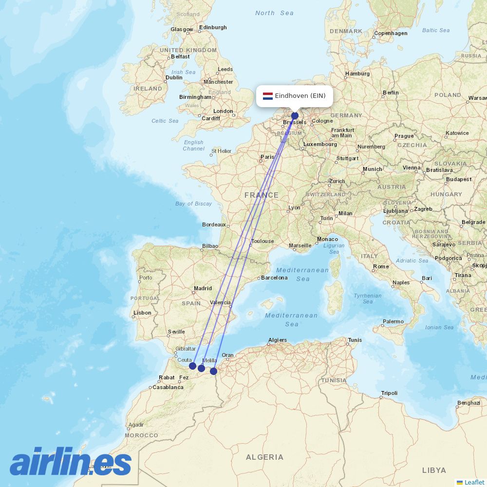TUI fly Belgium from Eindhoven Airport destination map