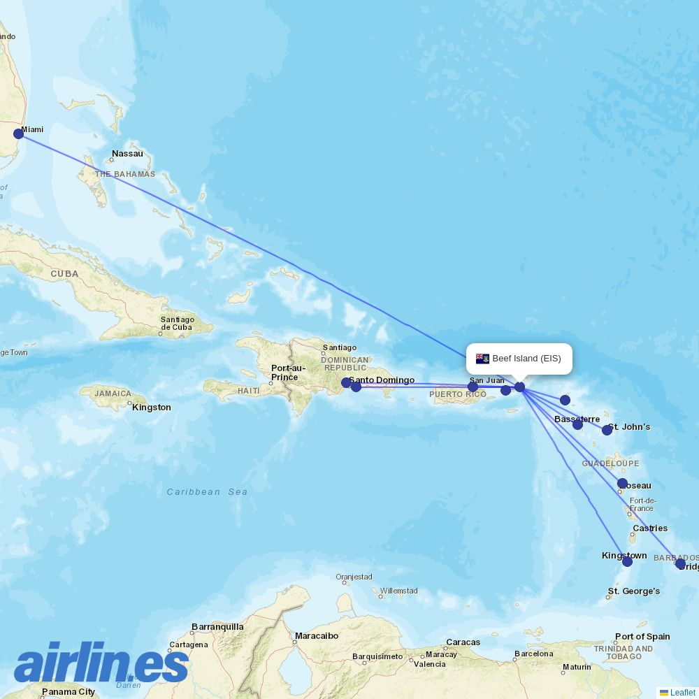 Sunrise Airways from Beef Island destination map