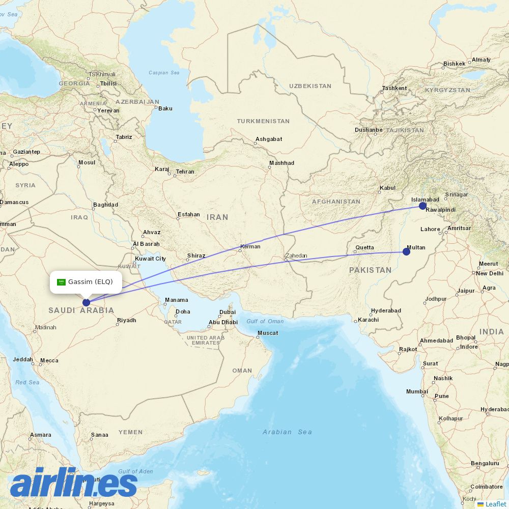 Pakistan International Airlines from Gassim destination map