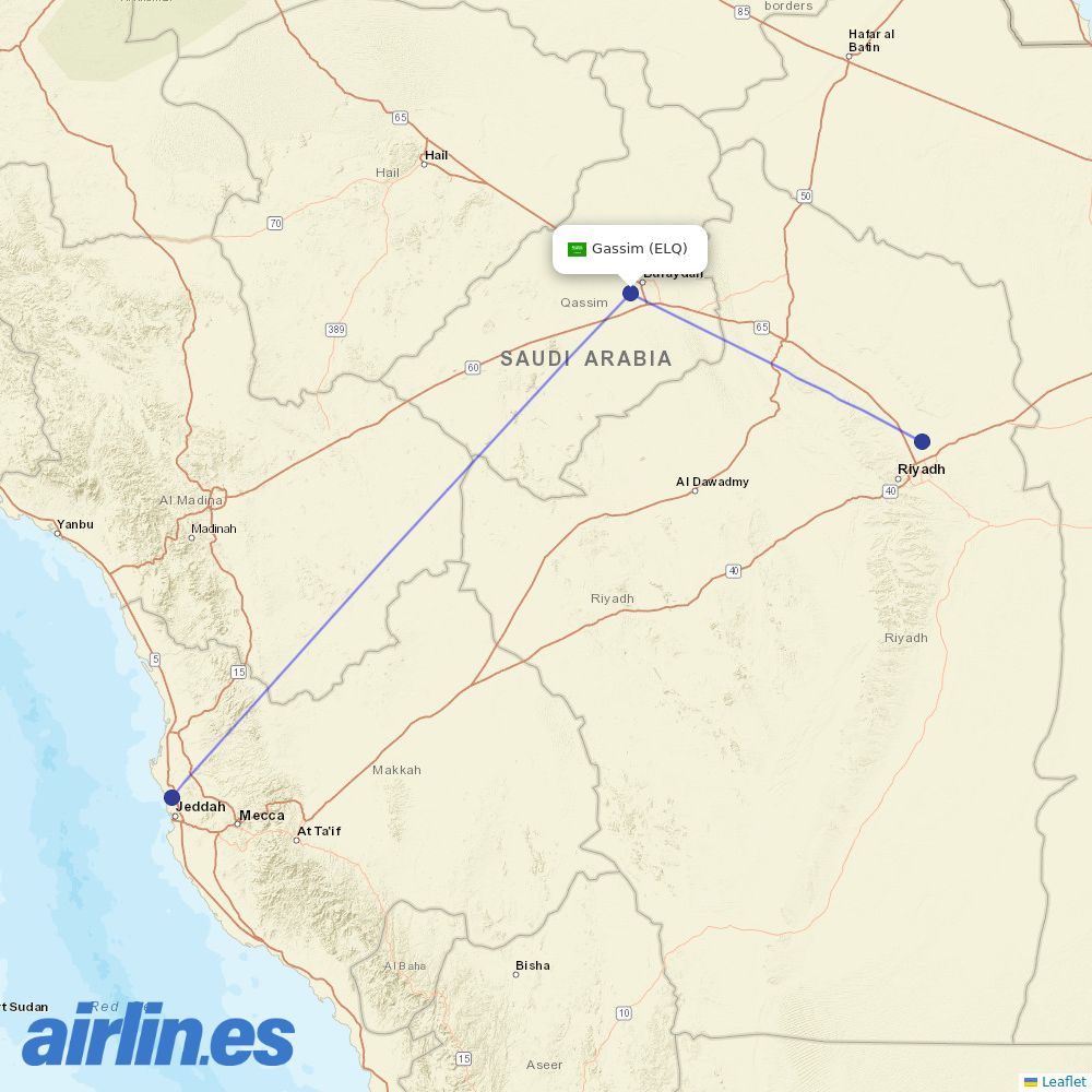 Saudia from Gassim destination map