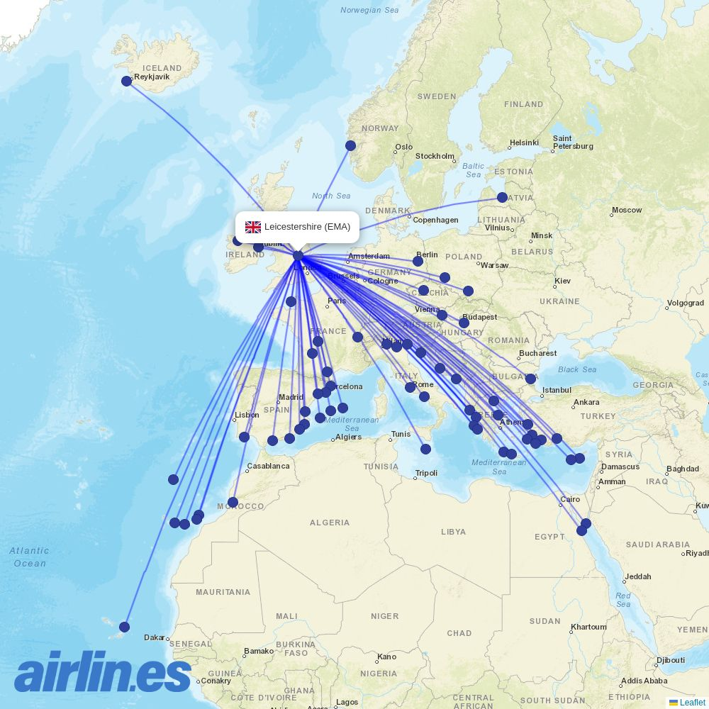 Aer Lingus from Nottingham Airport destination map