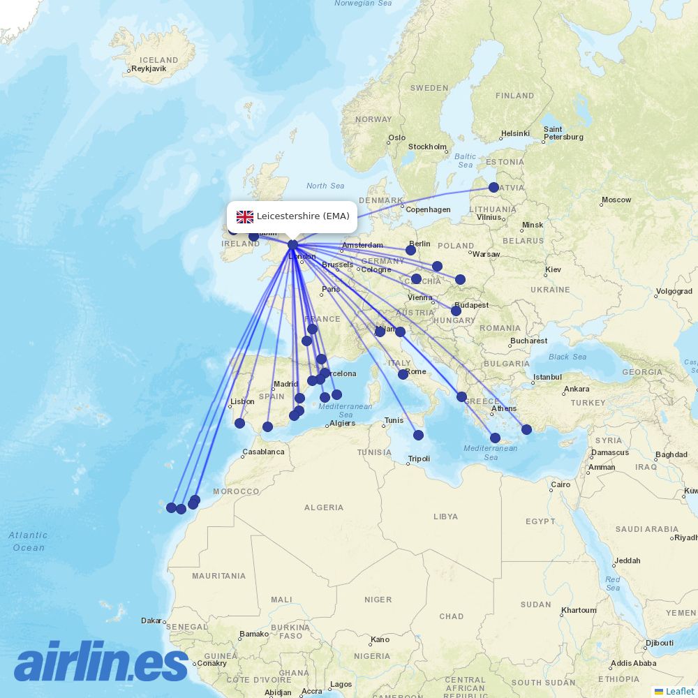 Ryanair from Nottingham Airport destination map