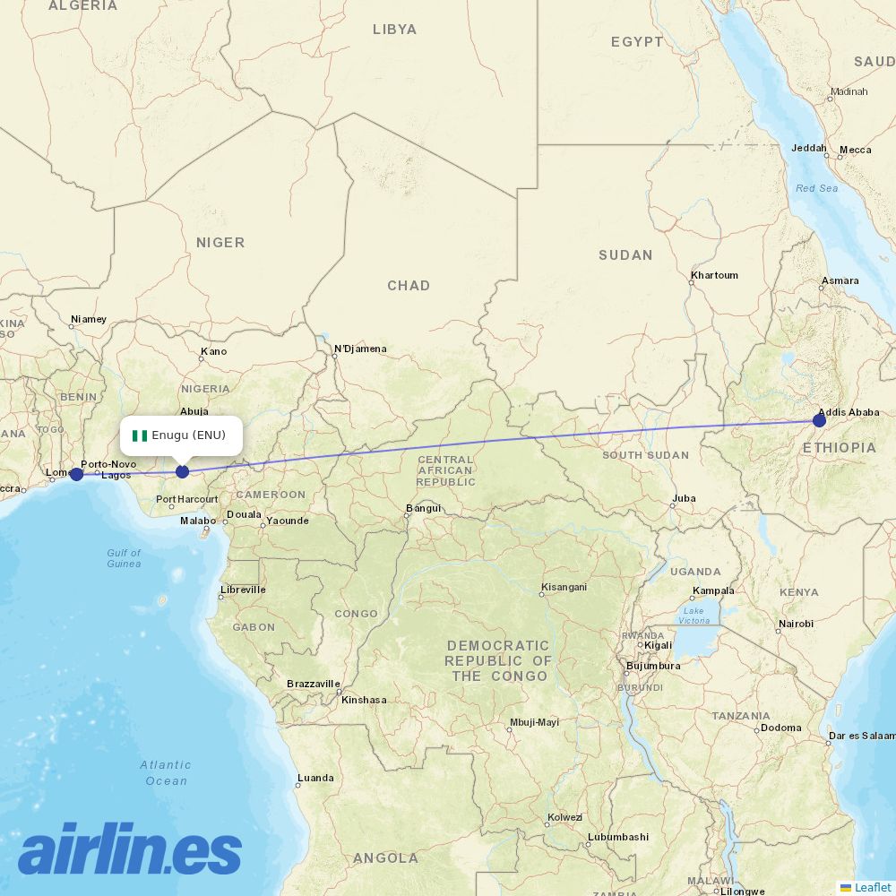 Ethiopian Airlines from Enugu destination map
