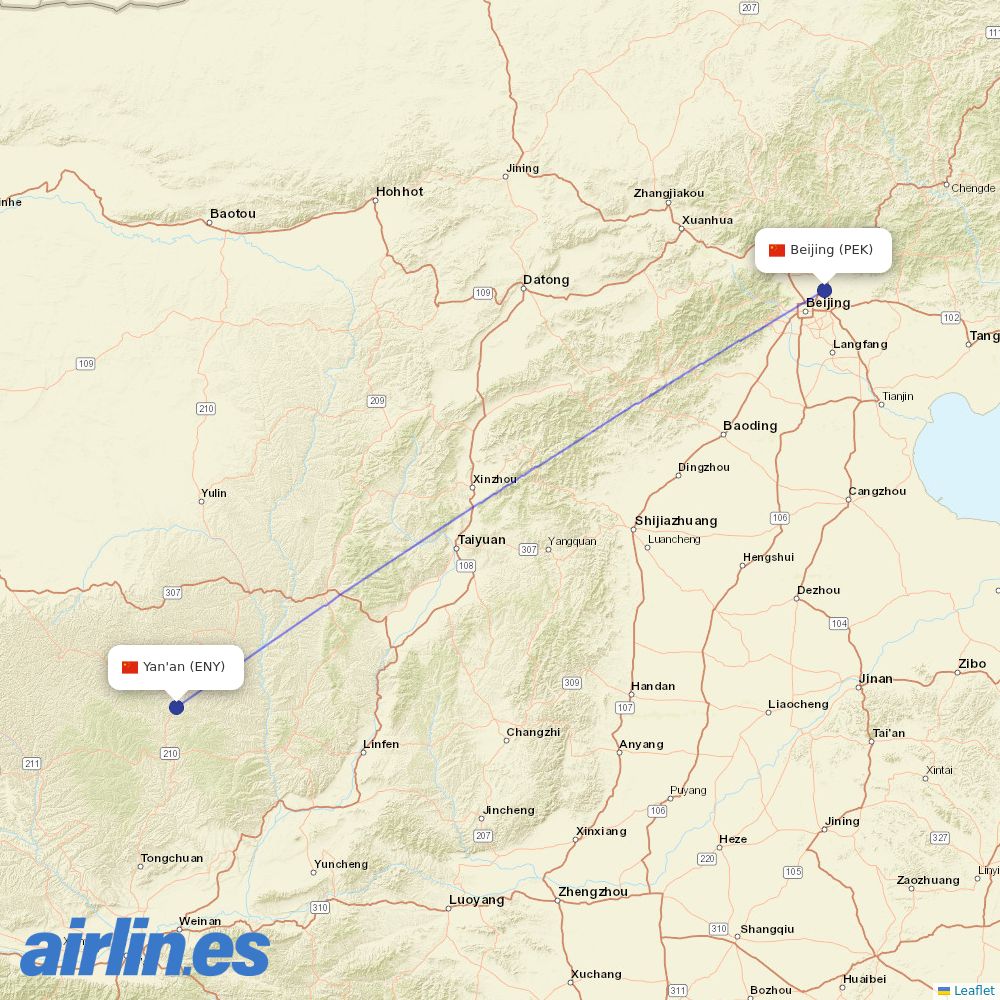 Air China from Nanniwan Airport destination map