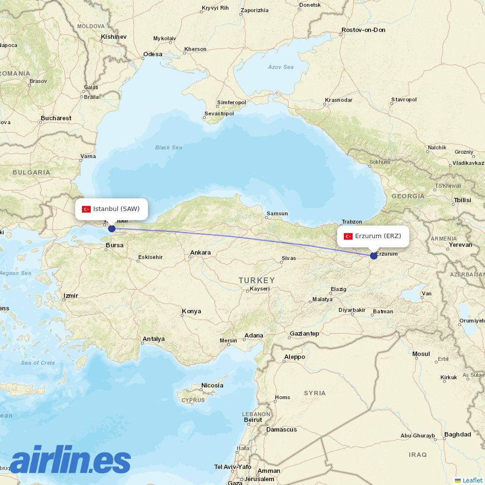 Pegasus from Erzurum destination map